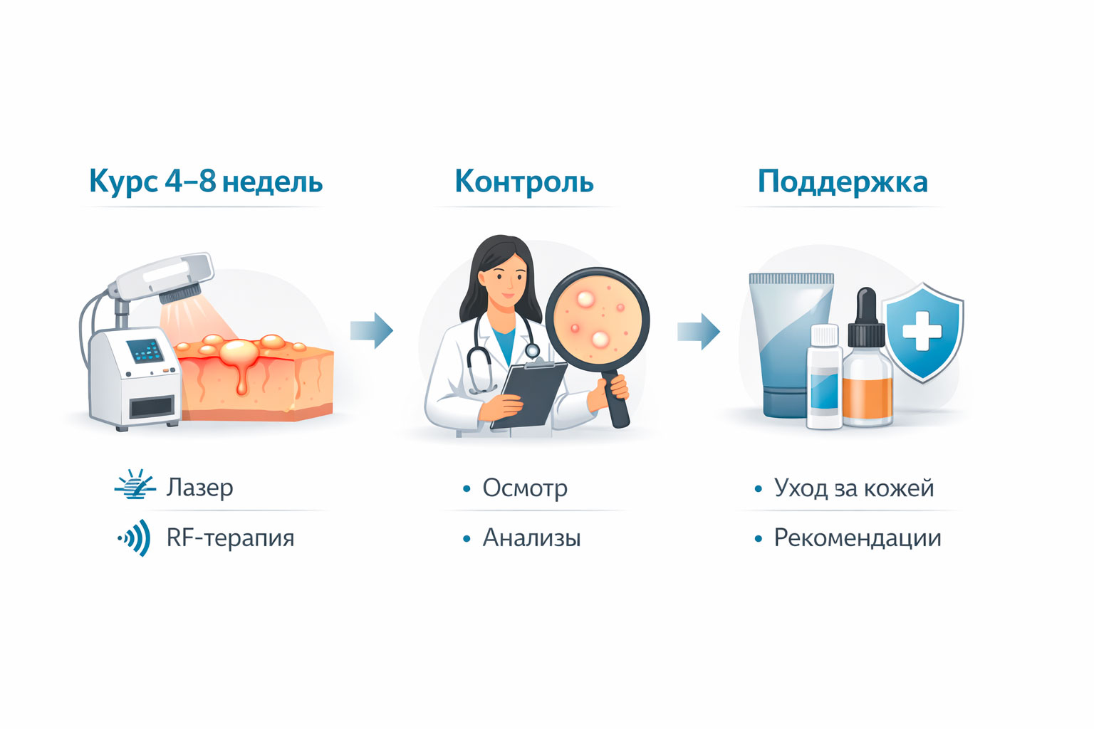 Инфографика сроков курса аппаратного лечения акне и контроля динамики